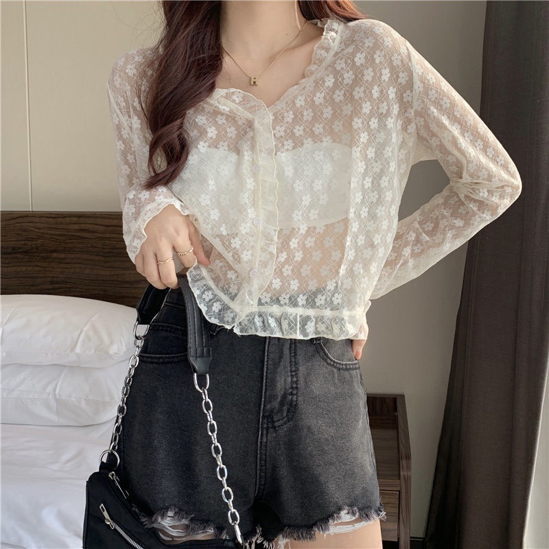 Áo Sơ Mi Voan Mỏng Phối Ren Thời Trang Mùa Hè Dành Cho Nữ