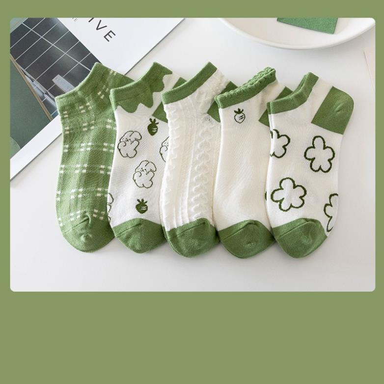 Set 5 đôi tất vớ cổ ngắn hoạ tiết dễ thương màu xanh lá