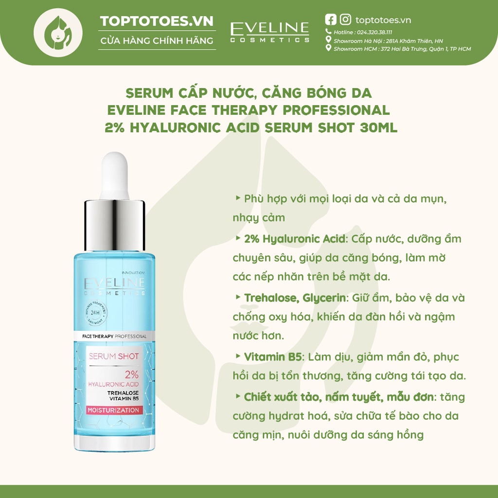 Serum cấp nước, căng bóng da Eveline Face Therapy Professional 2% Hyaluronic Acid Serum Shot 30ml