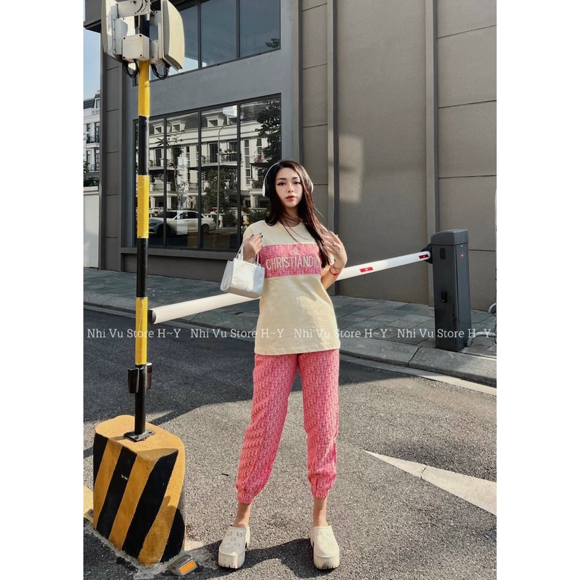 Đồ bộ thê thao nữ, áo thun from rộng in họa tiết ngang mix quần ôm ống túm siêu xinh, sét bộ in 3D sang chảnh