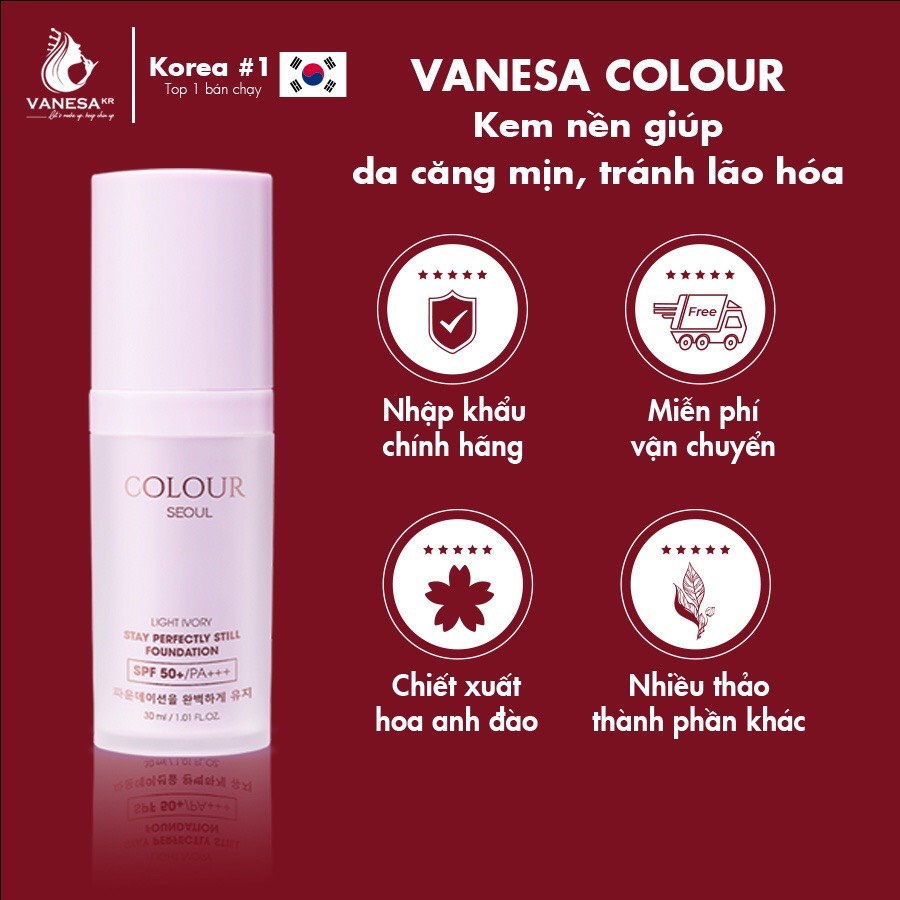 Kem nền dưỡng ẩm chống nắng tái tạo làn da lão hóa VANESA Colour Seoul Hàn Quốc chính hãng 30ml [TẶNG MÚT TRANG ĐIỂM]