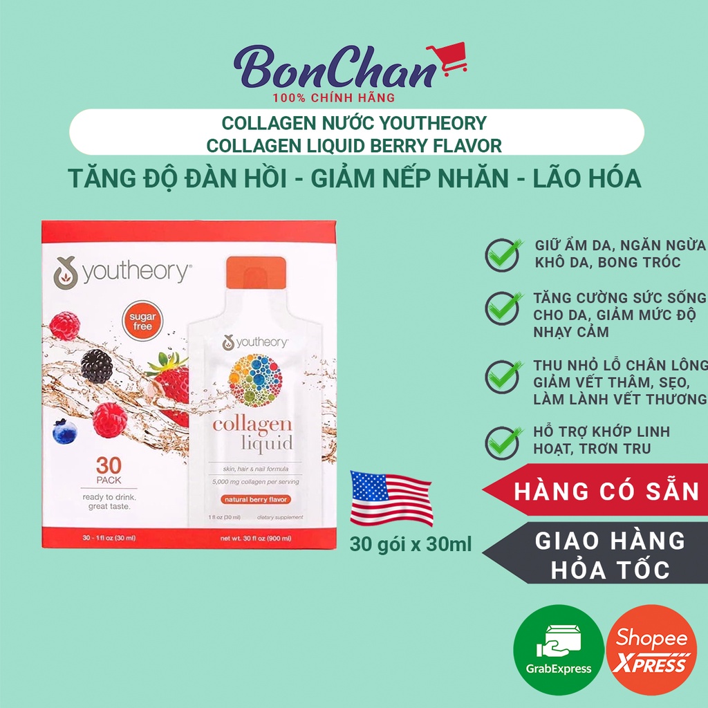 [Chính Hãng] Nước Uống Collagen Youtheory Collagen Liquid Berry Flavor Hộp 30 gói x 30ml - Mỹ