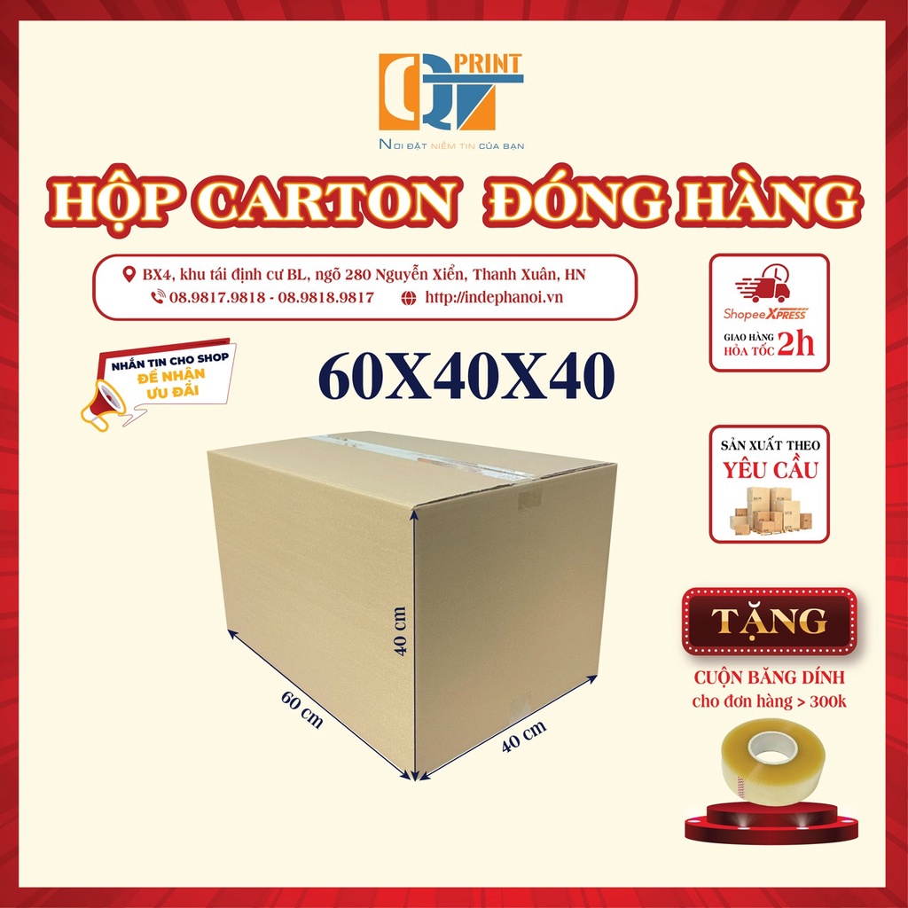 Thùng Carton Gói Hàng 60x40x40cm Chuyển Nhà Chuyển Văn Phòng Đóng Đồ, Hộp Carton Hộp Giấy Đóng Hàng Tiện Lợi.