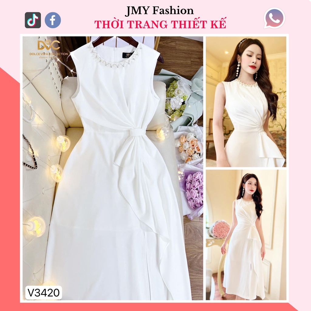váy đầm trắng nhún eo đính ngọc nhân tạo