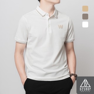 Áo thun polo nam D2shop, áo polo nam phối viền cổ W, màu trắng