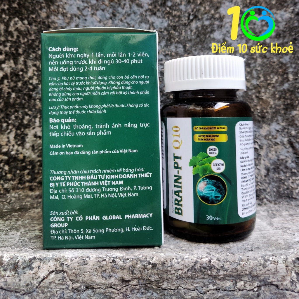 Viên uống bổ não BRAIN-PT Q10 tăng cường trí nhớ, giảm đau đầu, lưu thông máu não - 30 viên