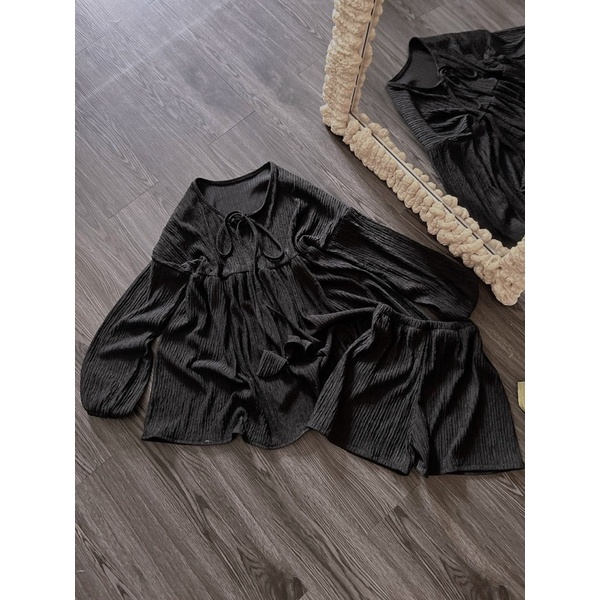 Set Bộ Babidoll Tay Phồng Kèm Quần Short Màu Hottreen