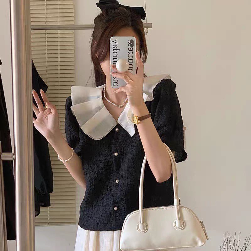 Áo Sơ Mi Tay Ngắn Nữ Lamo Design Áo SơMi Nữ chất liệu vải xốp Hàn Châu cổ phối bèo xếp ly xinh xắn B1000