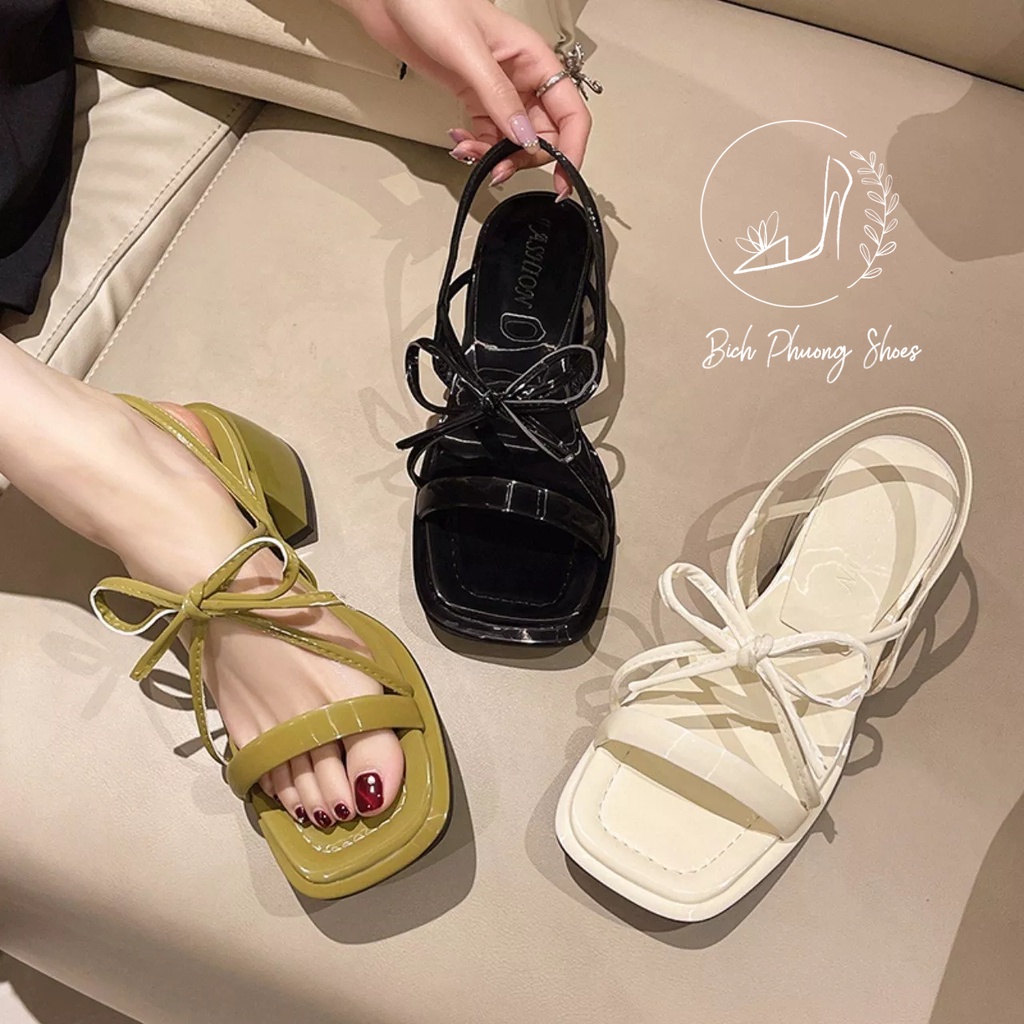 Sandal nữ gót vuông 5p thắt nơ quai mảnh hè 2023