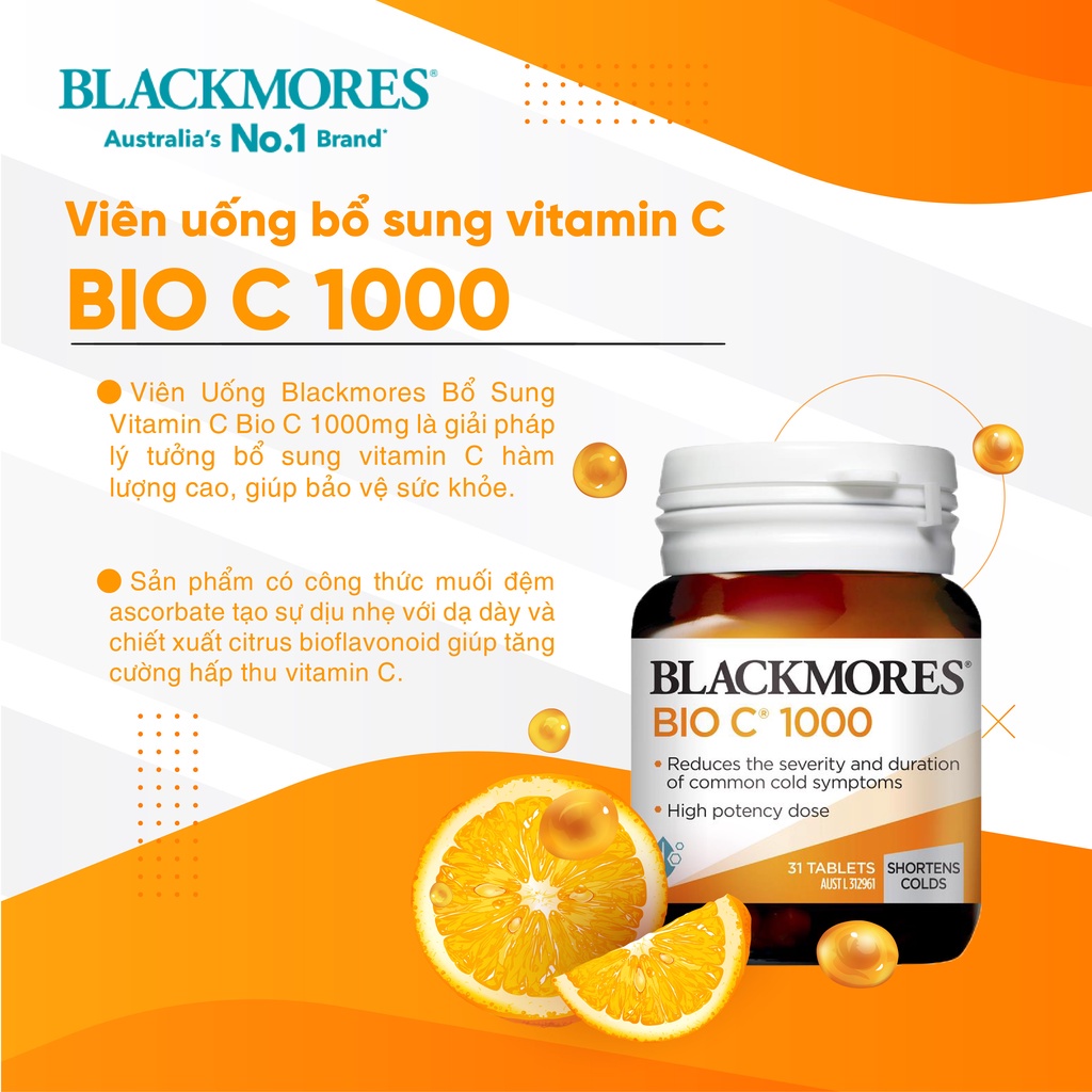 Viên uống bổ sung vitamin C Blackmores BioC 1000mg tăng cường sức đề kháng, sáng da 31 viên của Úc