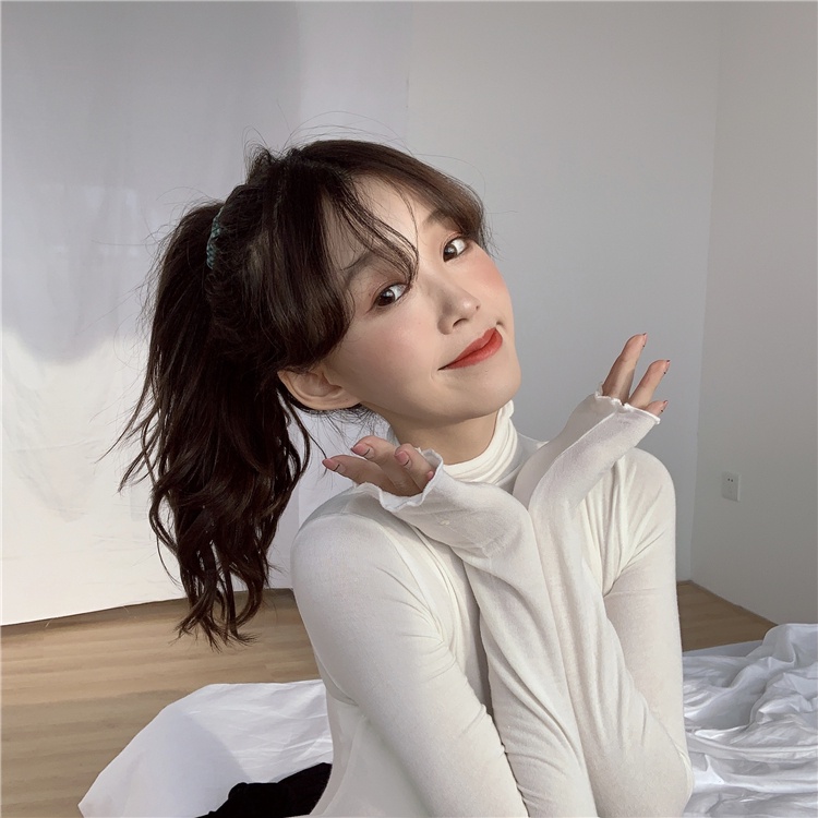 Áo Thun Tay Dài Cổ Cao Màu Sắc Đơn Giản Cho Nữ