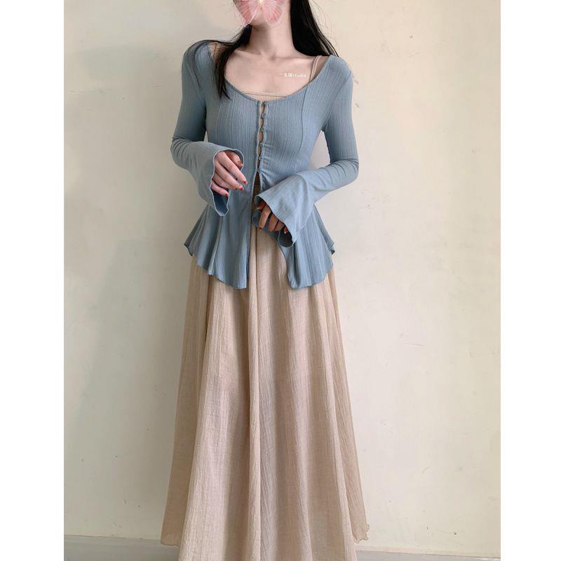 Áo Sơ Mi Tay Loe Ôm Eo Thiết Kế Bất Đối Xứng Viền Nhẹ Nhàng Phong Cách Hàn Quốc Cho Nữ