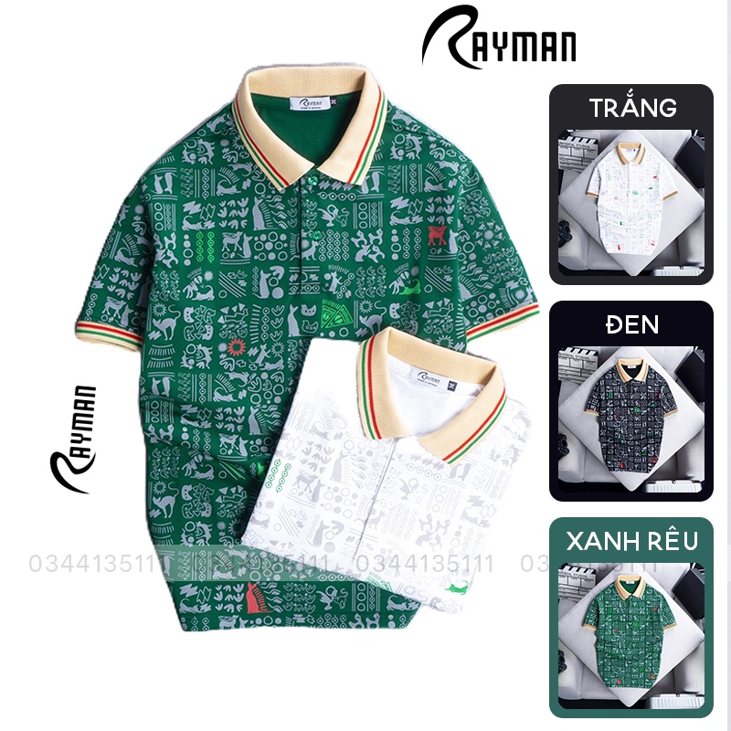 Áo Polo Nam Big Size Lớn In Họa Tiết RAYMAN Áo Thun Nam Cổ Bẻ VNXK Màu Trắng, Đen, Xanh Rêu