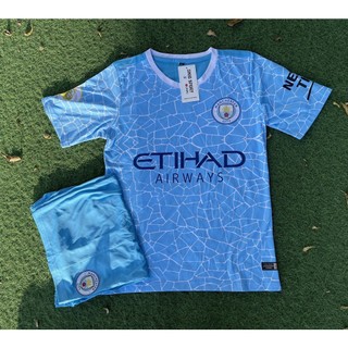 Bộ quần áo đá bóng Man City Xanh vân trắng hàng thiết kế - In tên số áo theo yêu cầu - Hàng thun lạnh cao cấp