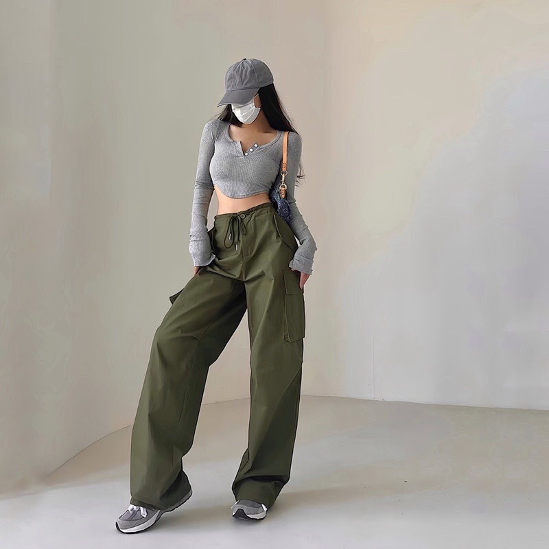 Quần Cargo Pants túi hộp ống rộng phối dây rút eo vải Kaki mềm phong cách thời trang Uniex Streetwear