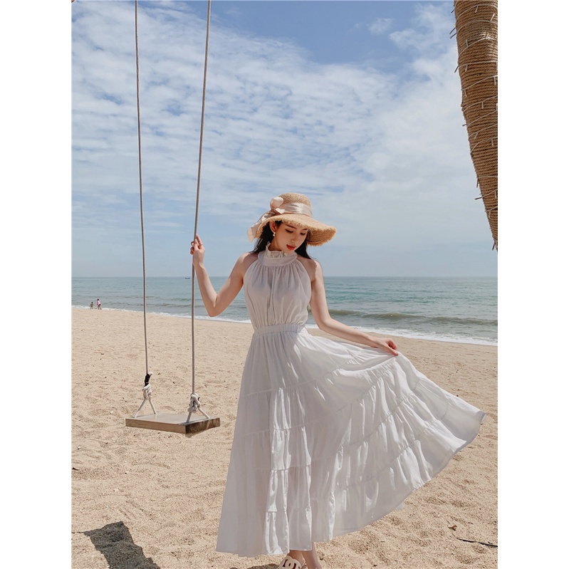 Váy babydoll đầm dự tiệc dáng dài cổ yếm dáng xòe tôn dáng cổ yếm hở lưng chất mềm xếp ly xinh xắn V-22