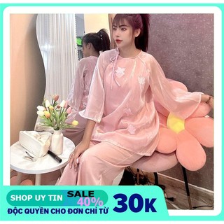 Pháp Phục lễ chùa - đồ lam sét bộ đi lễ thêu hoa sen phối quần lụa trơn