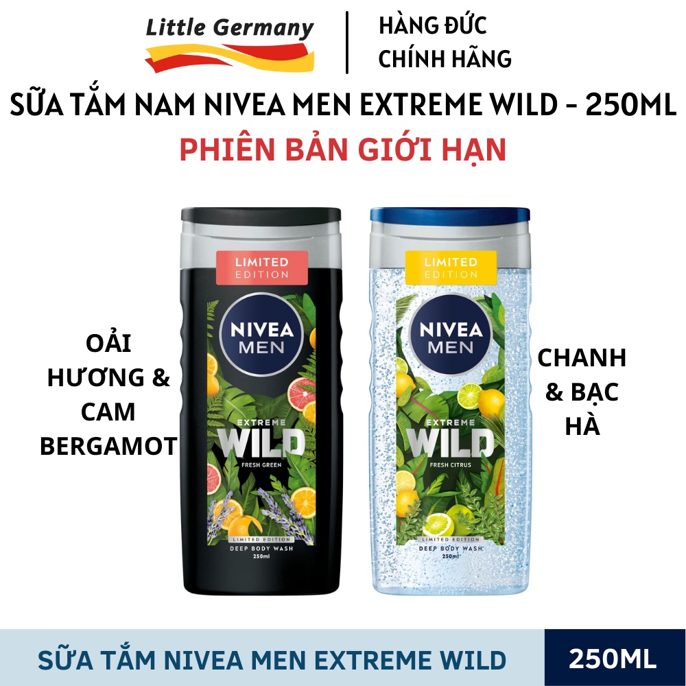 Sữa tắm nam Nivea Men Extreme Wild 250ML - Loại bỏ sạch bụi bẩn, bã nhờn, cấp ẩm cho da, hương thơm tươi mát - hàng Đức