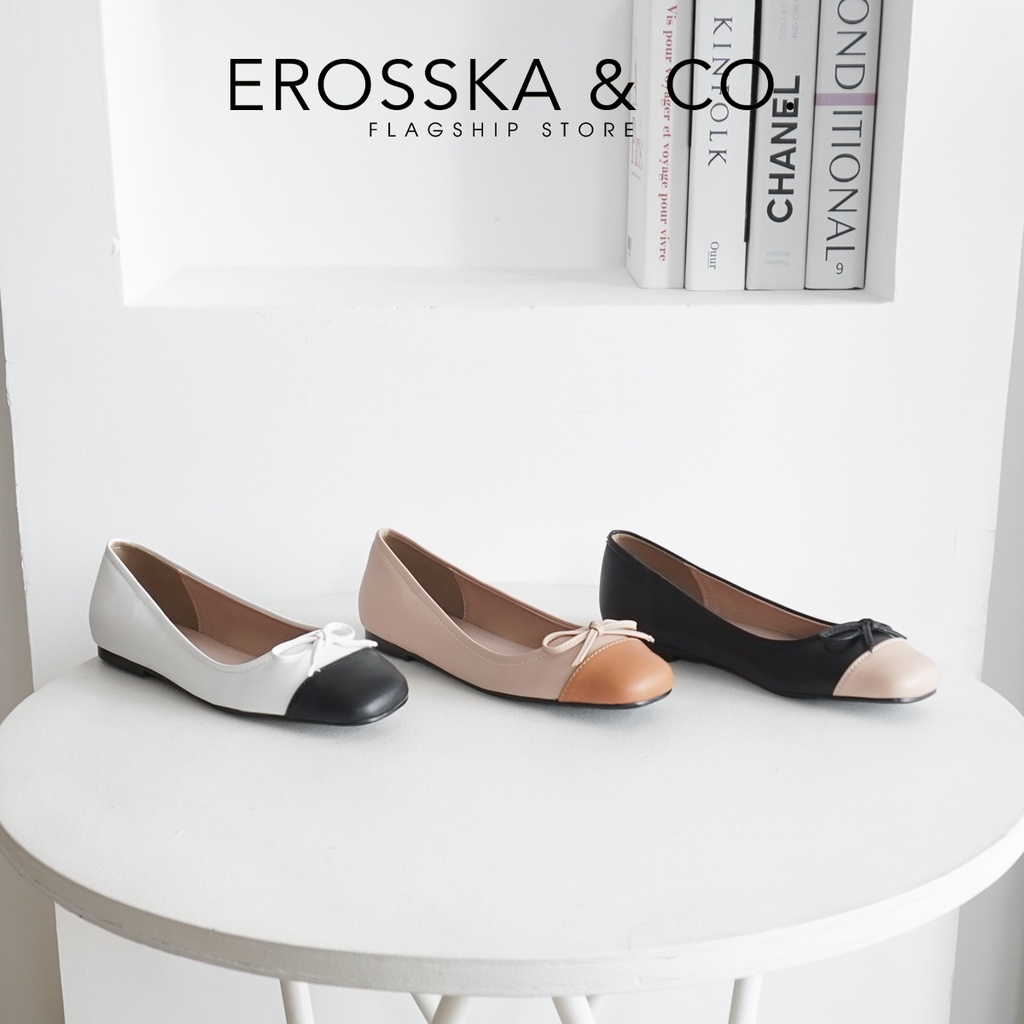 Erosska - Giày búp bê nữ đế bệt mũi tròn đính nơ xinh xắn màu kem phối bò - EF014 [Form to lùi 1 size]
