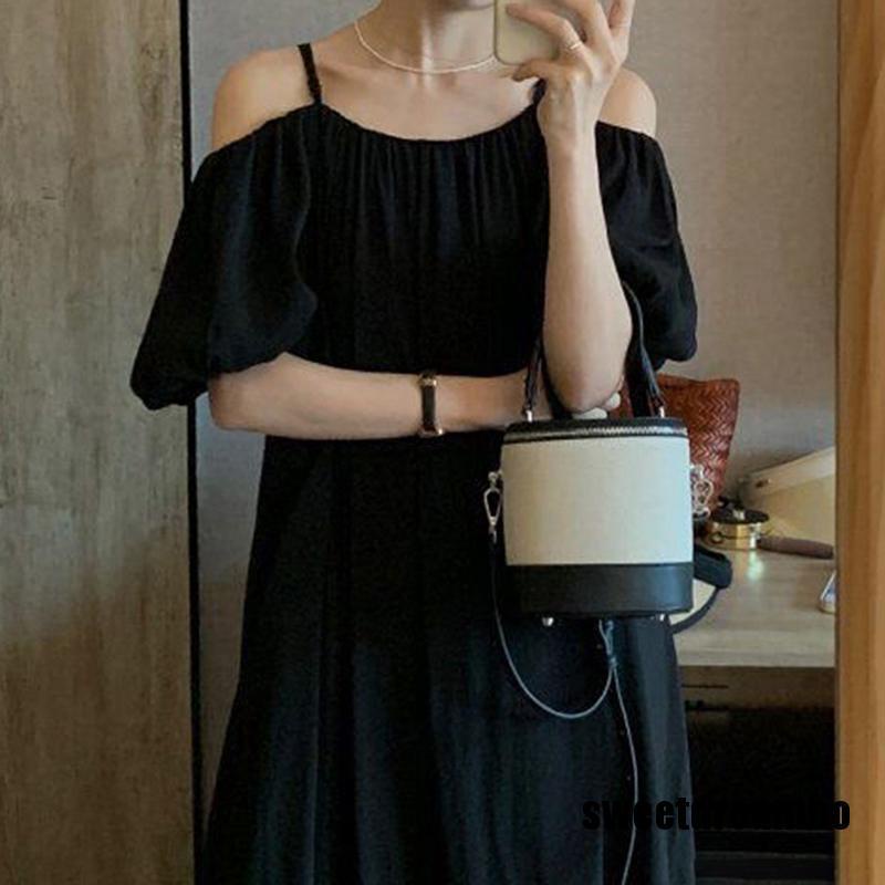 Đầm maxi trễ vai màu trơn phong cách Pháp 2023 thanh lịch xinh xắn cho nữ
