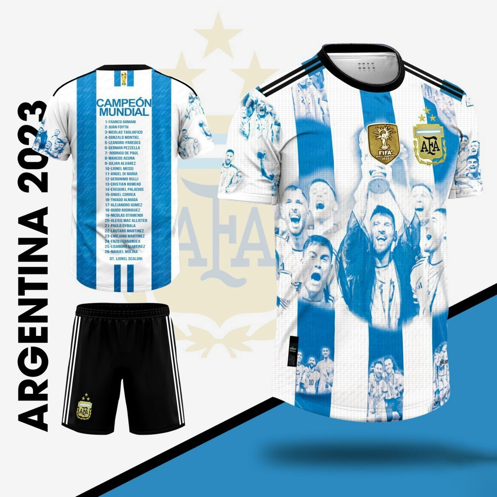 Bộ quần áo đá bóng argentina cổ tròn bản kỷ niệm in hình cầu thủ màu xanh quần đen logo thêu