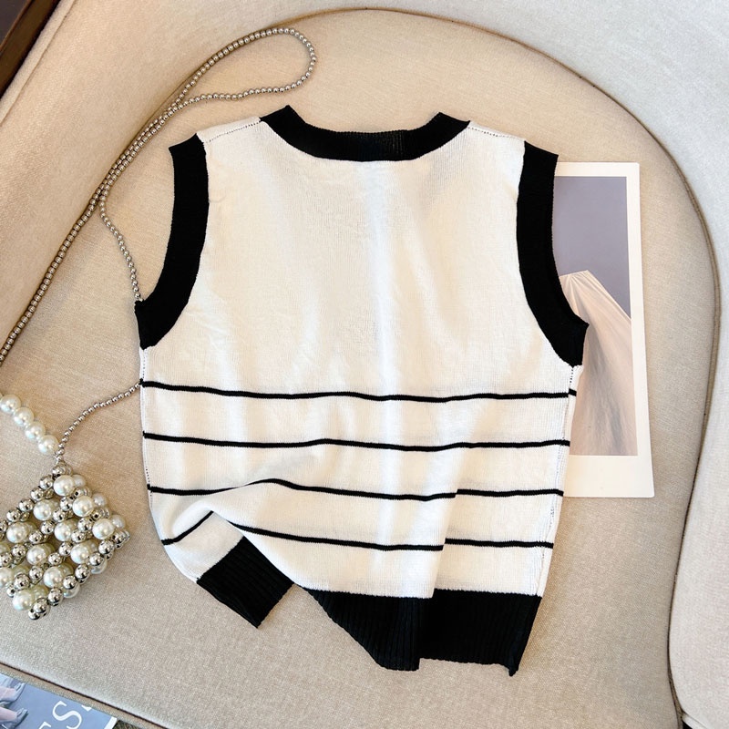 Áo Hai Dây Dệt Kim Ôm Dáng Họa Tiết Kẻ Sọc Màu Tương Phản Phong Cách Hàn Quốc Mới Cho Nữ