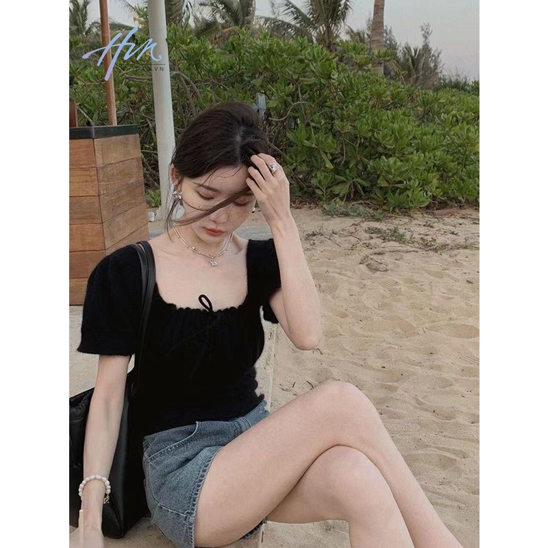 Áo Thun Dệt Kim Ngắn Tay Dáng Ôm Thiết Kế Rút Dây Xếp Ly Kiểu Pháp Thời Trang Cho