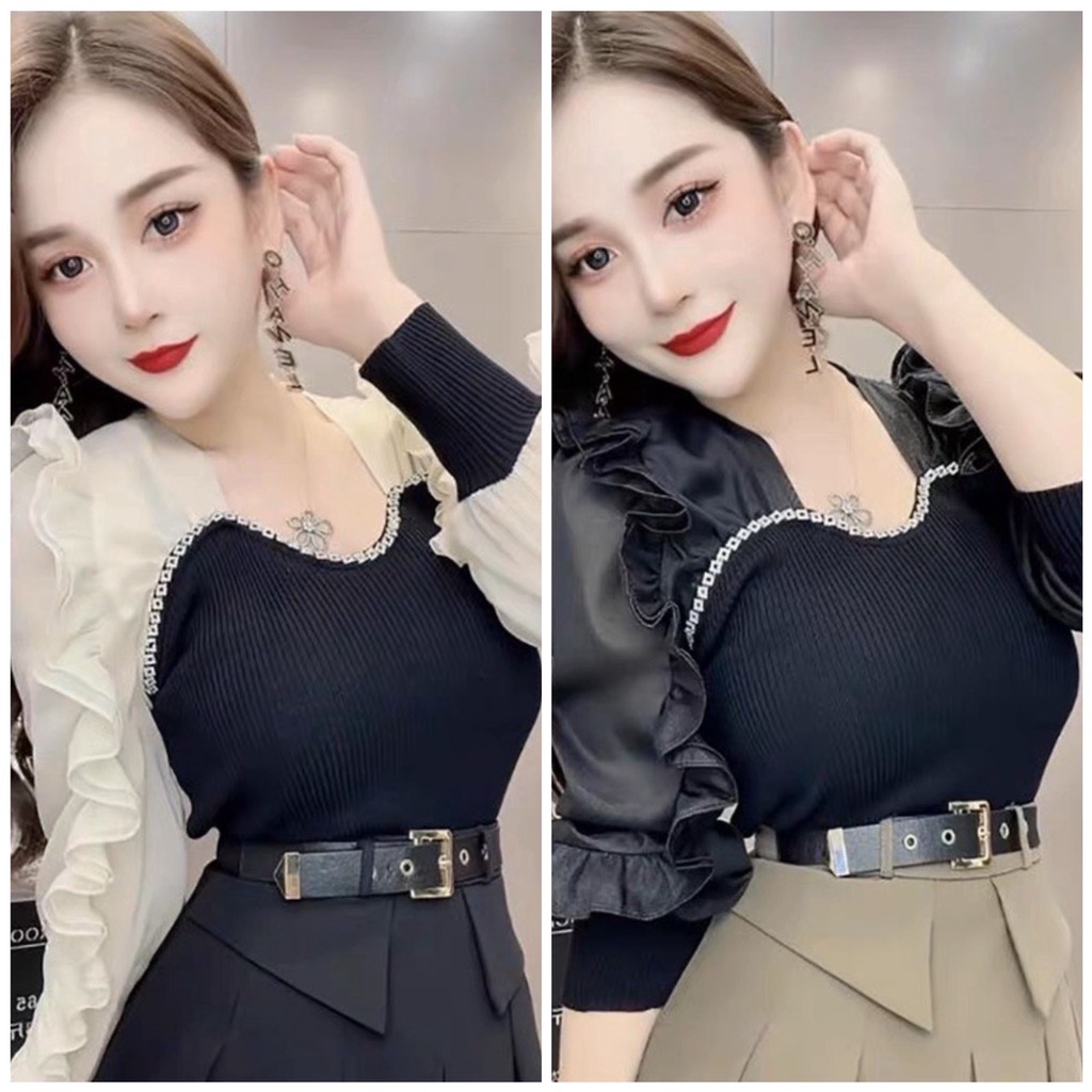 Áo Thun Nữ, Áo Đính Đá, Áo Thun Tăm Nữ Ngực Đính Đá, Áo Tay Phồng, Áo Tiểu Thư MÃ D60