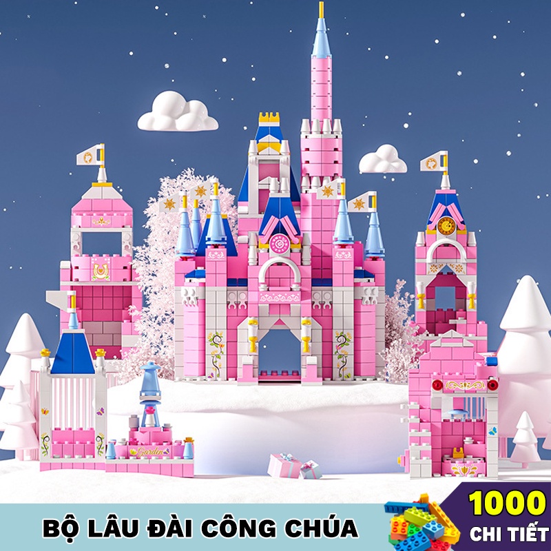 Bộ đồ chơi xếp hình lắp ráp lego lâu đài công chúa màu hồng cho bé - siêu xinh