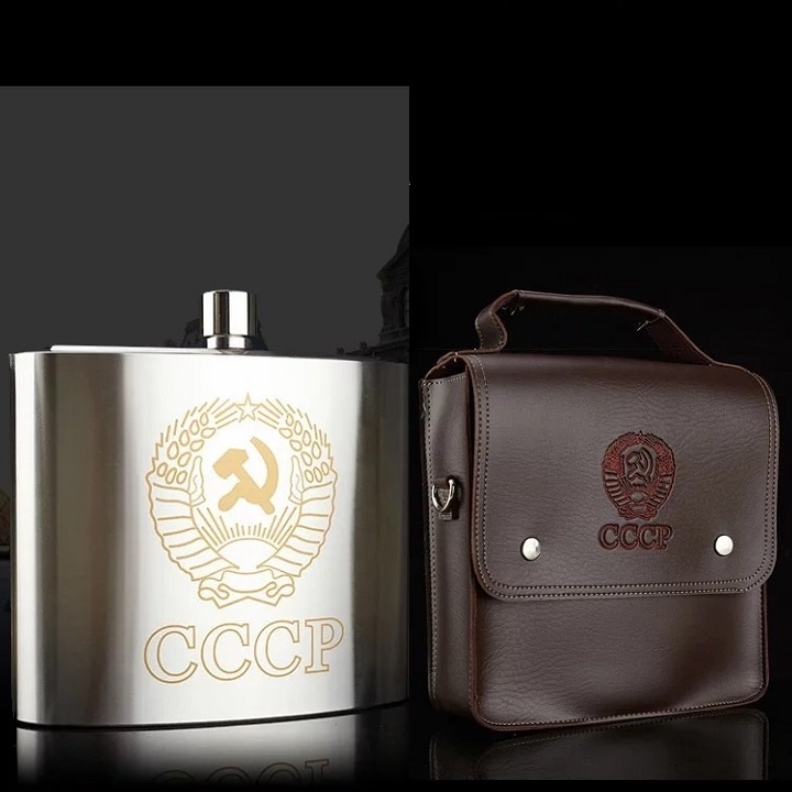 Bình đựng rượu inox CCCP dung tích 2.5 lít dày 0.8 mm bao gồm túi đựng bình bằng da đẹp tặng kèm phễu