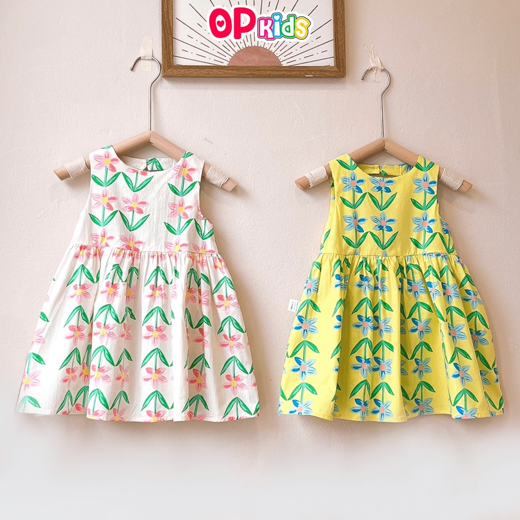 Váy Sát Nách cho bé gái OP KIDS 5059 size từ 8 - 26 kg ,đầm ngắn tay bé gái chất thô Hàn cao cấp mát mẻ giặt không nhăn
