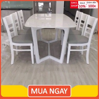 Bộ bàn ăn 6 ghế, bàn ăn đá nhân tạo kết hợp ghế cabin trắng siêu chắc chắn - bảo hành 1 năm