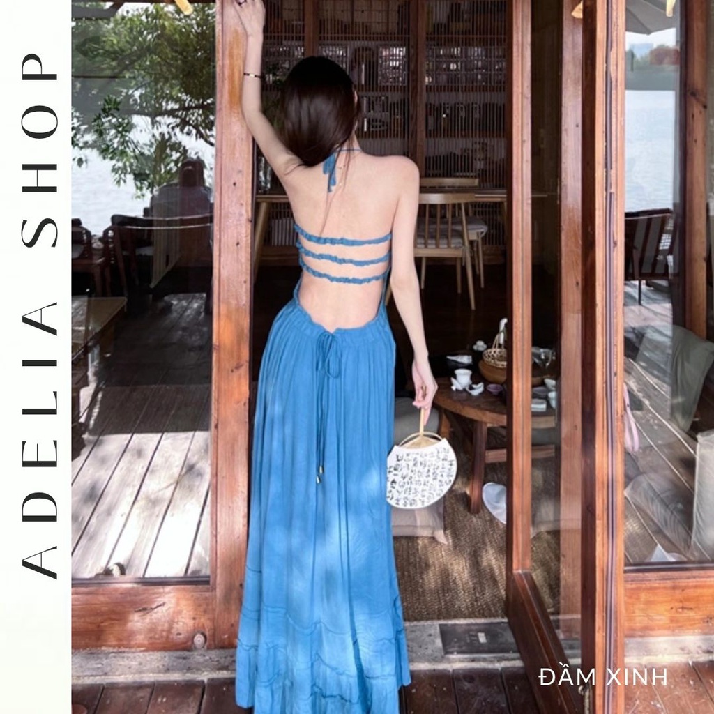 「ADELIA」Đầm Maxi Dáng Dài 2 Dây Khoét Lưng Gợi Cảm DH95 Phong Cách Pháp, Đầm Đi Biển Maxi Dáng Dài Màu Xanh Dương