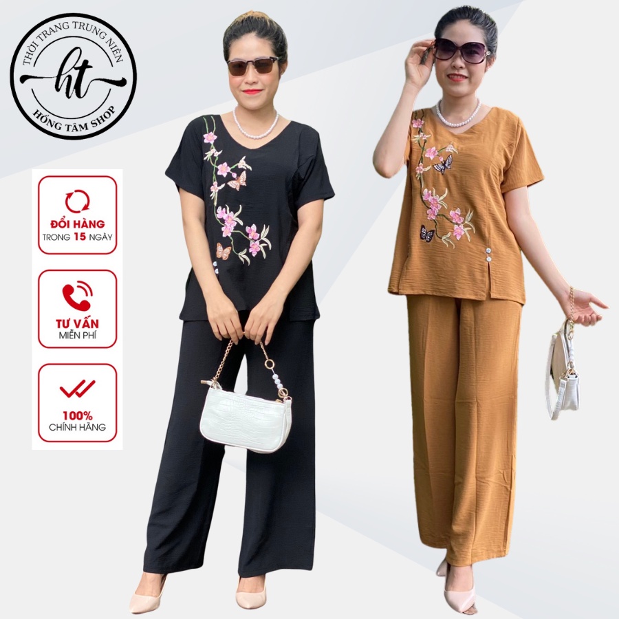 Đồ bộ cho mẹ mặc nhà trung niên, bộ đũi trung niên nữ thêu hoa, quần dài ống rộng cao cấp. CĐ