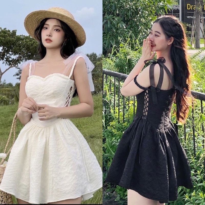 ĐẦM GẤM TRẮNG 2 DÂY ĐAN EO