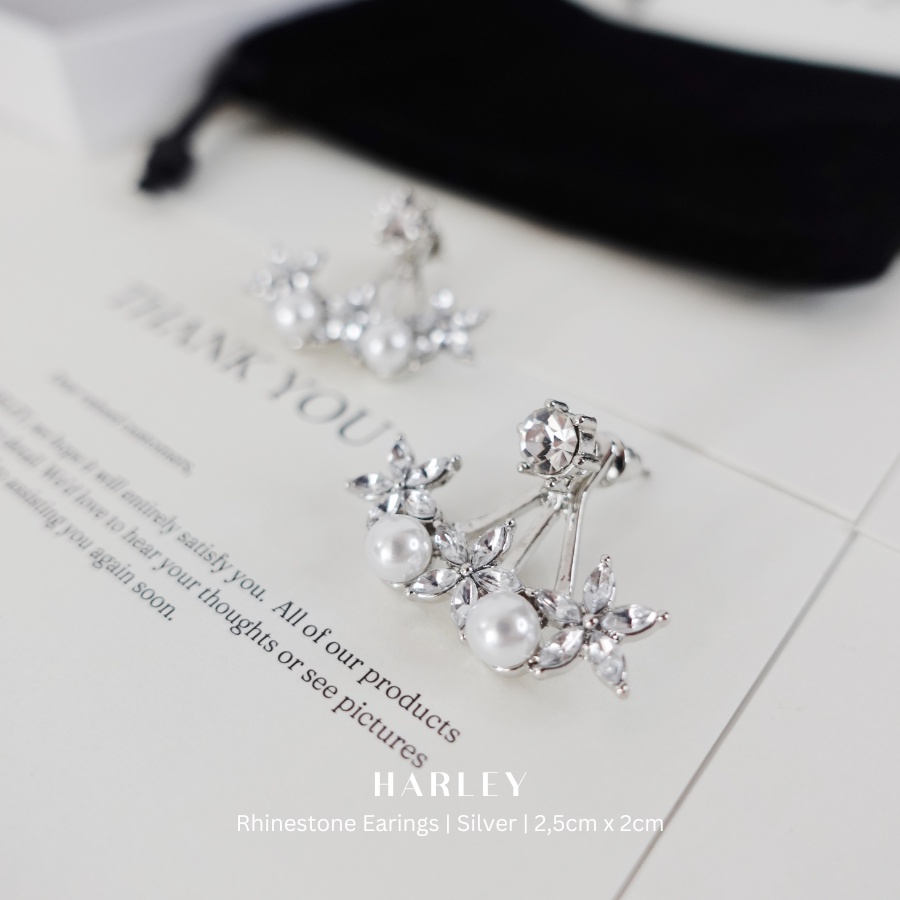 Bông tai đi tiệc ✨đính đá và hạt hình cánh quạt✨ màu bạc phong cách Hàn Quốc sang trọng thanh lịch, Harley Jewelry