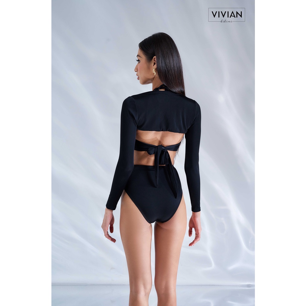 Đồ bơi nữ cao cấp 𝐕𝐈𝐕𝐈𝐀𝐍 dạng một mảnh yếm phối áo tay dài cover - Đen - VS187_BL