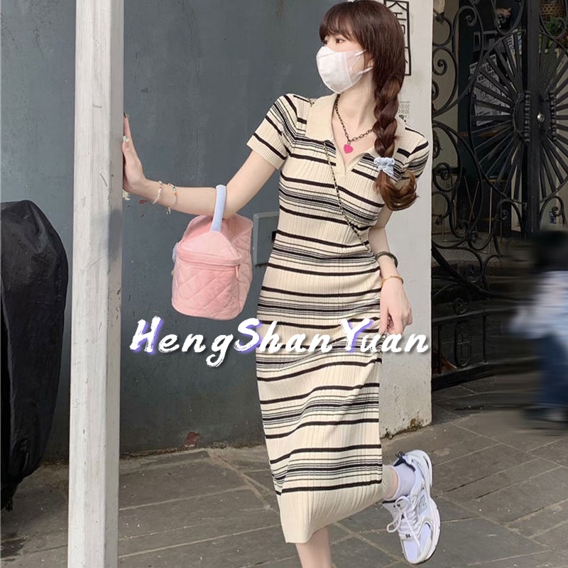 Đầm Dài Qua Gối Cổ Polo Họa Tiết Kẻ Sọc Phong Cách Hàn Quốc Thời Trang 2023 Cho Nữ