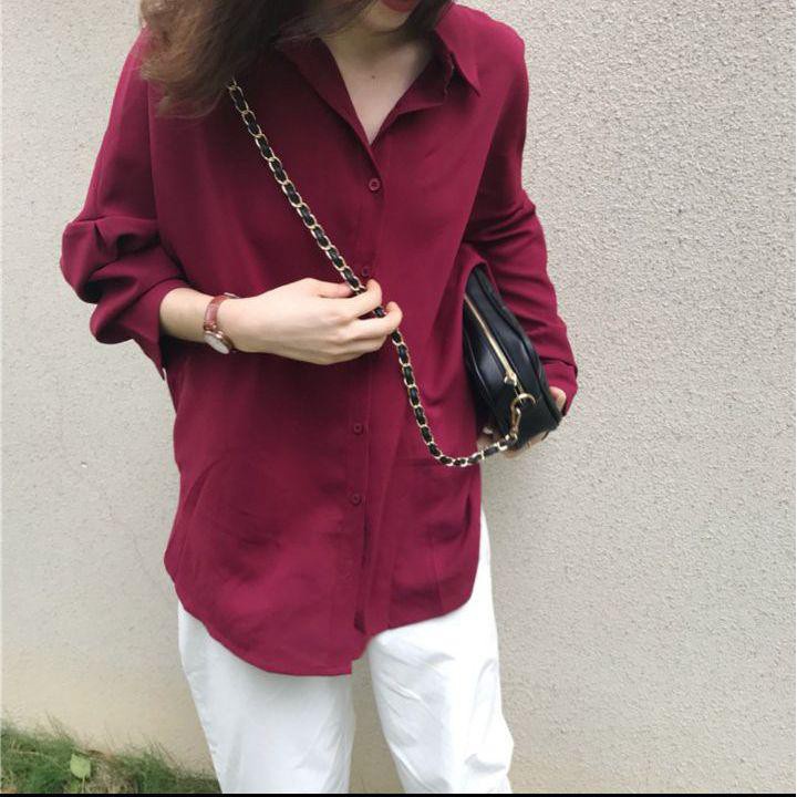 ÁO SƠ MI NỮ TRẮNG TAY DÀI DÁNG XUÔNG CỰC XINH