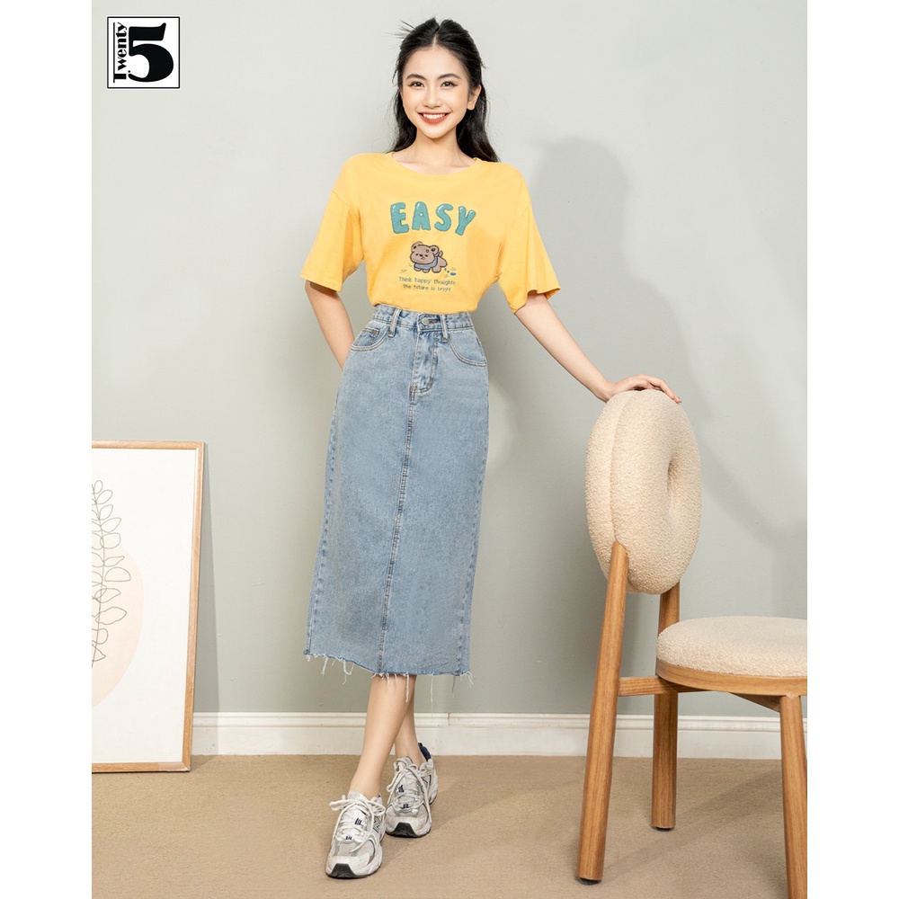 Áo thun nữ dáng rộng tay lỡ họa tiết thêu chữ vải cotton Twentyfive 4553