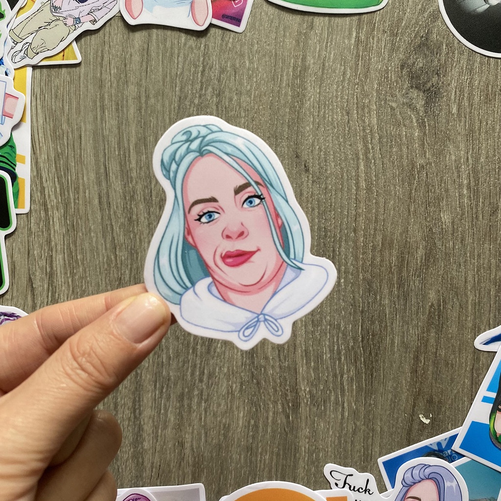 Billie Eilish sticker dán nón bảo hiểm, dán xe, tem dán đàn guitar, xe cub hình dán, tem dán chống nước trang trí