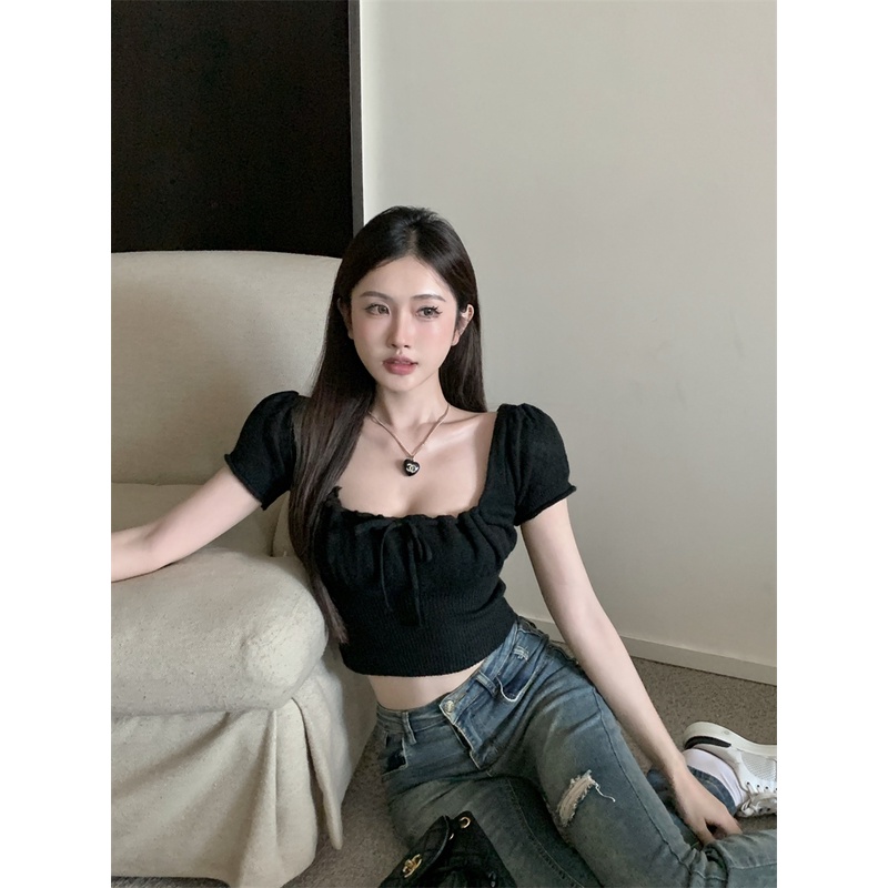 Lalisas Áo Thun Dệt Kim Ngắn Tay Thiết Kế Dây Rút Xếp Ly Thời Trang Hàn Quốc Cho Nữ