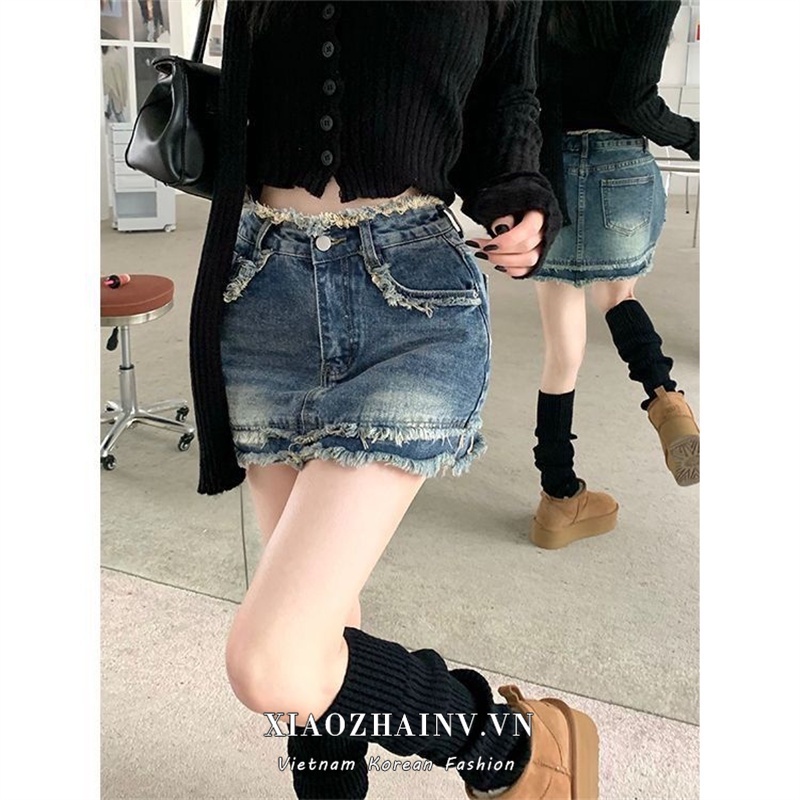 Chân váy jean Chữ A Lưng Cao Thời Trang retro Hàn Quốc Dành Cho Nữ