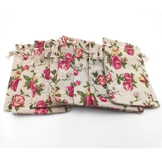 10 Túi vải bố linen mềm hoa hồng họa tiết vintage có dây rút kích thước 10x14cm - namimi