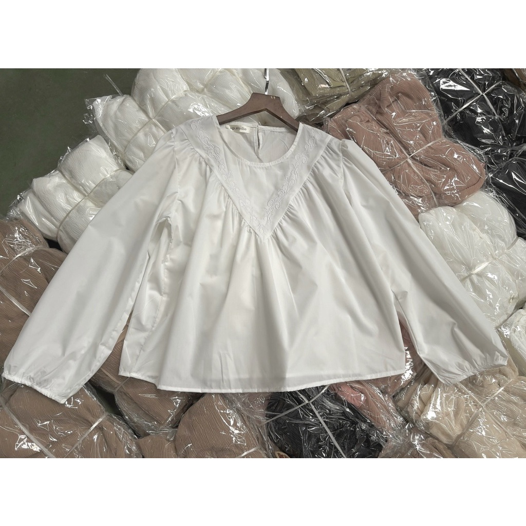 Áo babydoll thô nến thêu EMIX, áo sơ mi freesize dưới 55kg, tay bồng, cổ tròn, form rộng 064