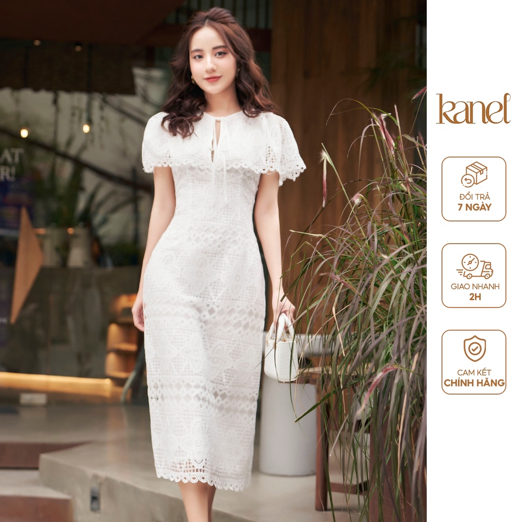 Váy ren KANEL tay ngắn cổ buộc nơ V1637, váy ren thiết kế 2 màu trắng xanh ,đầm ren dự tiệc sang trọng
