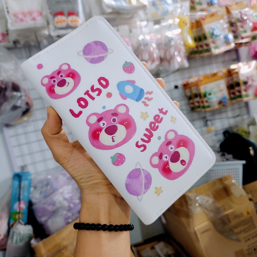 Bóp ví dài ví hình chữ nhật Da Pu hoạ tiết Gấu Dâu lotso hồng đáng yêu