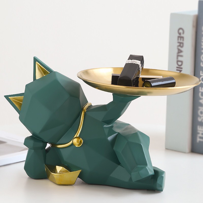 Tượng Mèo thần tài hình học bưng đĩa phong cách Bắc Âu sang trọng trang trí để bàn