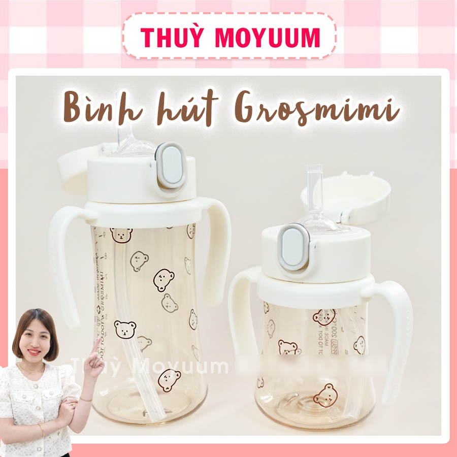 Bình hút Grosmimi 200ml/ 300ml, bình tập hút nắp bật cho bé từ 6 tháng