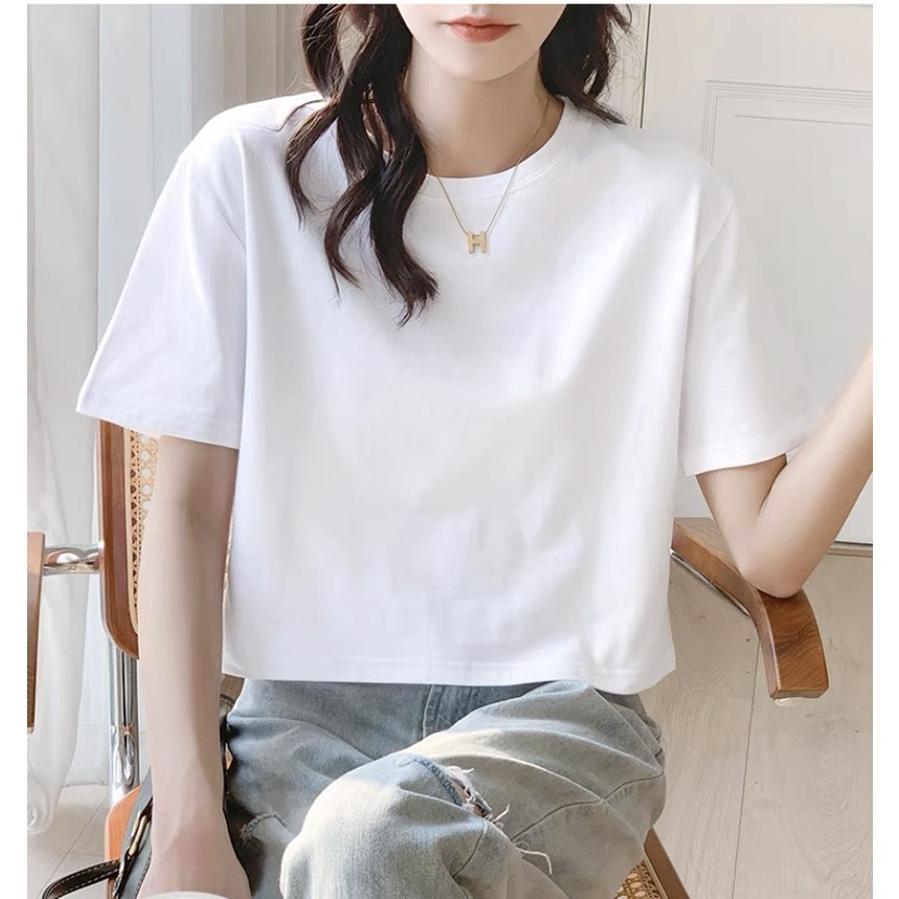 Áo thun croptop trơn dáng rộng, cơ bản tay ngắn cổ tròn 581 FIORI STORE